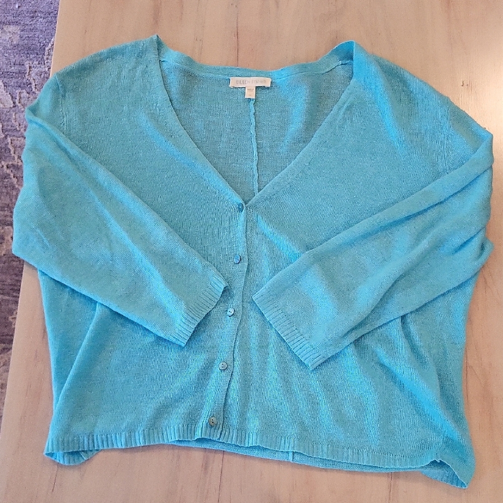 Eileen Fisher Blue Cardigan Sweater V-Neck Lightweight